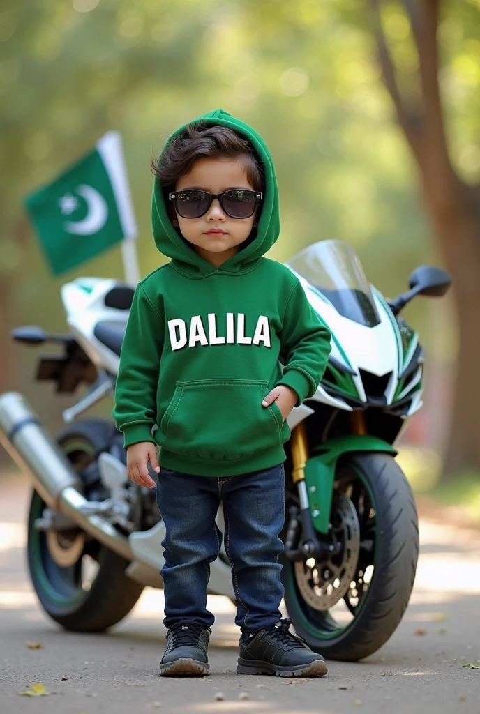 wearing a green colour shirts and dark blue paint with pakistani flag name ayaz khan write it on shirt young boy wearing black glasses
standing with sport bike which green colour on bike realistic art painting photo