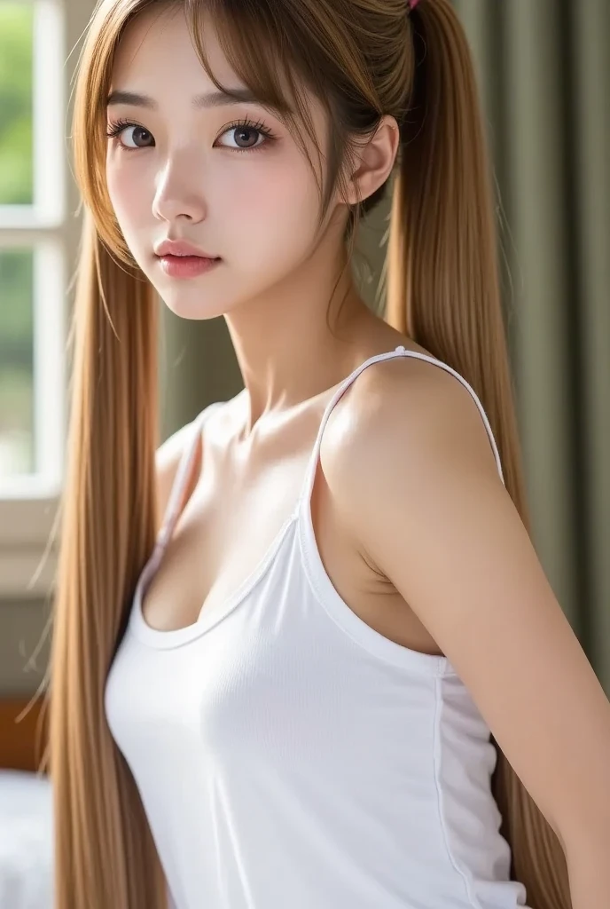 masterpiece, best quality, (realistic,photo-realistic:1.4), (RAW photo:1.2), extremely detailed CG unity 8k wallpaper, delicate and beautiful, amazing,finely detail, official art, absurdres, incredibly absurdres, huge filesize, ultra-detailed,extremely detailed eyes and face,light on face yuuki asuna,(little smile),(caramrl hair:1.4),(long hair:1.6),(wearing brown tank top:1.4),bed background