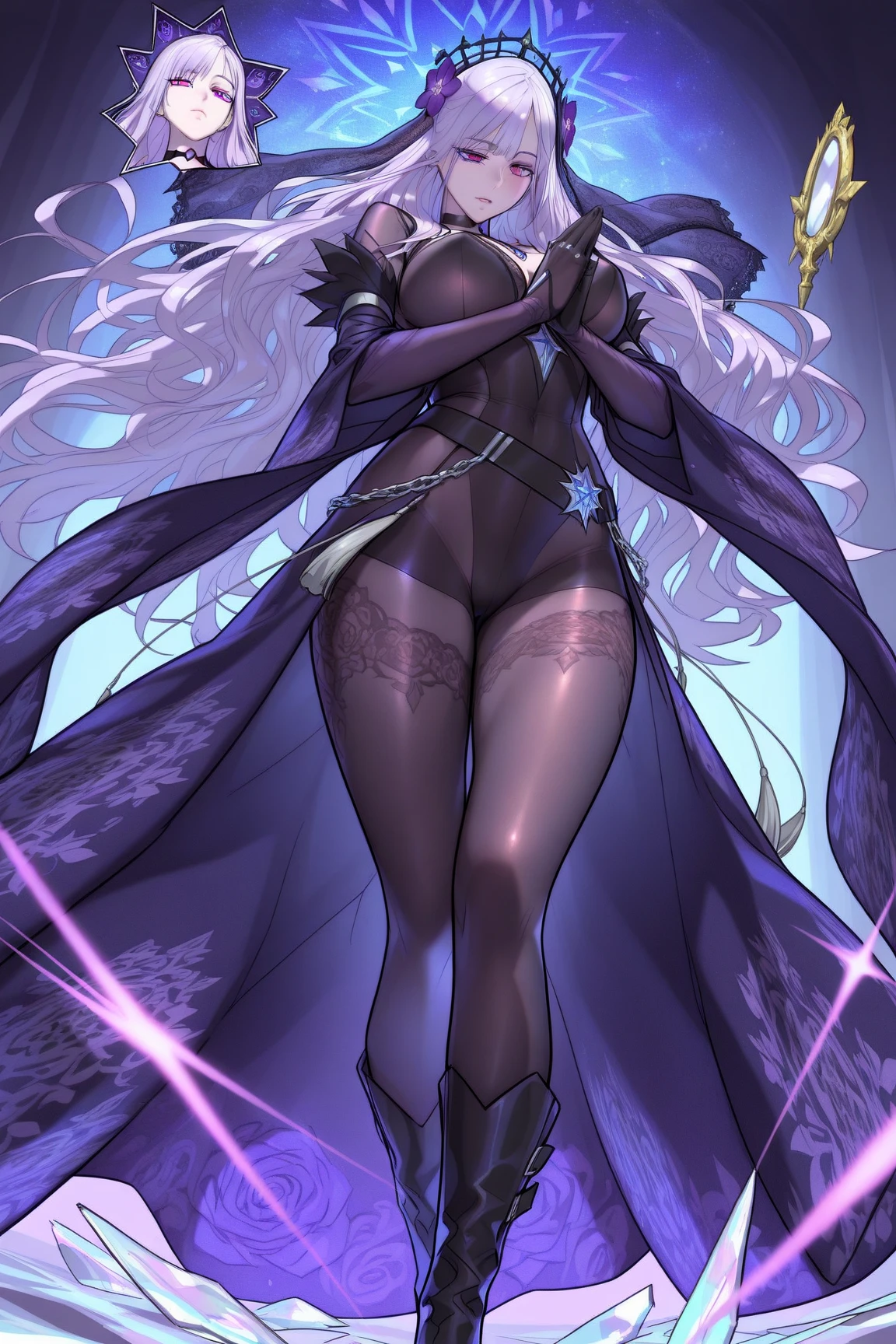 full body looking to viewer standing straight symmetrical against contrapposto yellow BIKINI stockings sleeves, hands on waist hips, navel, (purple eyes:1.5) silver long hair