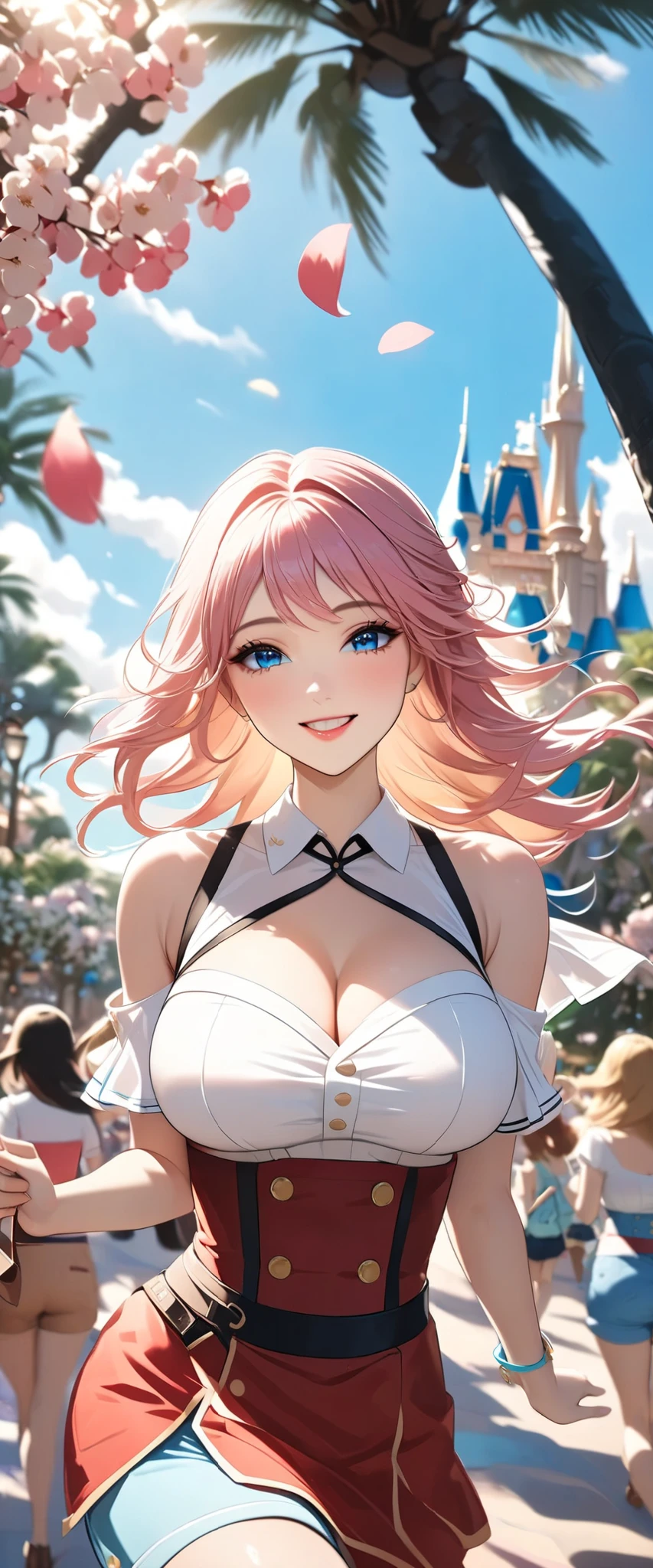(Top Quality, masterpiece, award winning work, 16k), 、((a spring break, A group of cute girls, a trip to Disney resort with friends, walking through Disney resort: 1.2))、(big smiles:1.2), (raised and crisp bust:1.2), (lifts the chest:1.2), (Perky breasts :1.2), , ( double breasted,Underbust:1.2), button gap with, walks under trees、spring sun shine, Clothes from strong winds blow up、 petals are blown away by strong winds