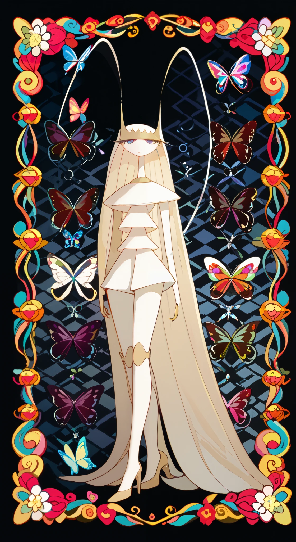 ((Colorful butterflies with gorgeous ornaments and flowers on black background)), ((pheromosa)),(harmony of butterfly), Butterfly, intricate digital painting, (mechanical butterfly), highly intricate and colorful, dark but detailed digital art, Highly detailed symmetry, detailed digital artwork, Symmetrical intricate details, plethora of colors,colorful intricate masterpiece,
(Sticker style:1.5),(Geometric pattern background:1.5),frontage、Sticker style,((over view)),(red light particle),