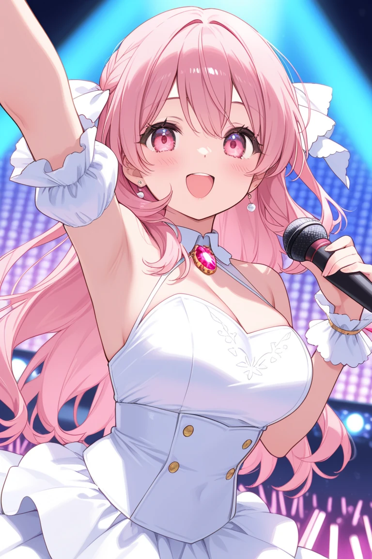 highest quality、High resolution、Detailed Background、(Beautiful face in every detail:1.4)、Anatomically correct、(Detailed facial expressions)、Teenage beauty、(Highly detailed face:1.4)、(Huge breasts:1.3)、Accentuate your cleavage、Show your side、A big smile、smile、
A sailor dress with a fluttering pink ribbon、A soft silhouette、Pretty figure、Cute gestures、
Standing on stage with big shining eyes、A sparkling smile that captivates the audience、A clear singing voice echoes through the venue、I was enchanted by the heart-tugging voice.、Her small hands move gracefully as she sings、I'm fascinated by her angelic behavior、A dreamlike sight、I am fascinated by her pure expression.、This moment is so wonderful I want to hold it forever、I'm grateful for the miracle of meeting this lovely girl.、A goddess of the stage who continues to shine forever、cute