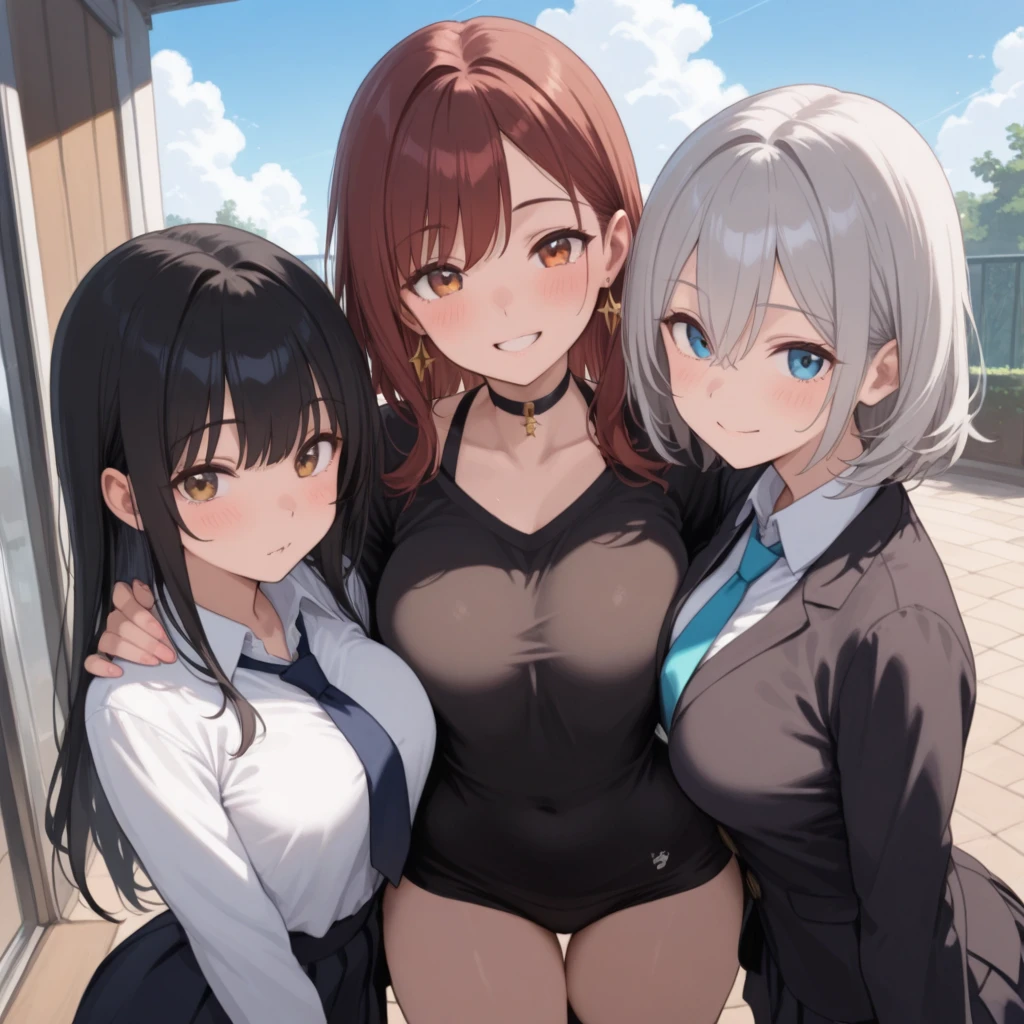 ((highest quality)), ((masterpiece)), (3 woman:1.5), cute woman are posing for a camera, (indoors, bed, pillow, from side,) (on bed), (Lifting SHIRT:1.3), (open your mouth and laugh:1.3), ray tracing, ((tits), (small nipples), nipples, breasts, hair band, headband, hair bobbles, blouse, shirt, (line up in a row), 12 talents、、14 years oldd、 Asian, Weser hair, brown hair, blond hair, (navel), jewelry, looking at viewer, necklace, long hair, short hair, (abs),(Depth of the bounds written), (My skirt is completely blown up by the strong wind.:1.2),