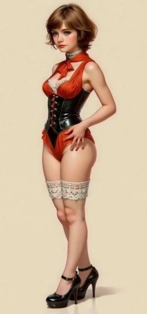 (masterpiece:1.4), (best quality:1.4), retro vintage pin-up style, extremely detailed, intricate, hyper-detailed, (detailed hand,fingers, legs),illustration, soft lighting, 20 years old pin-up girl, red hair, grin, (perfect face), band over and look back, wearing 1930's vintage lingerie, background vintage gas station, ribbon, intricate, dramatic lighting, 4k, caustics, full_body, digital_illustration