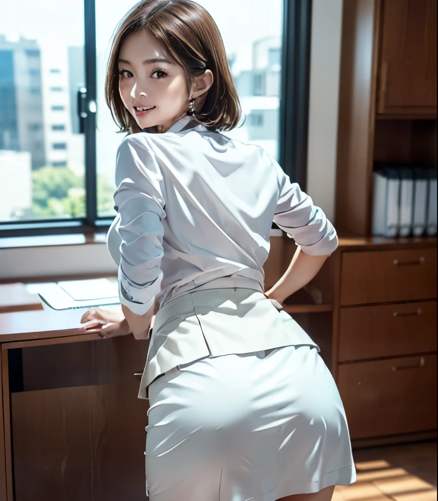 50 year old mature woman、Japanese、Classy sex appeal、beautiful woman、sexy、透明Whitening skin、perfect lighting、Beautiful breasts high quality、Make-up is light、Beautiful butt high quality、Shining beautiful skin、Transparent beauty、goddess of eros、realistic、looking at the camera、Whitening skin、masterpiece、Moist eyes、Wrinkles in the nasolabial folds、bright place、Glamour、saggy breasts、British style、gravure quality、view from below、good shape big butt、worried look、office uniform