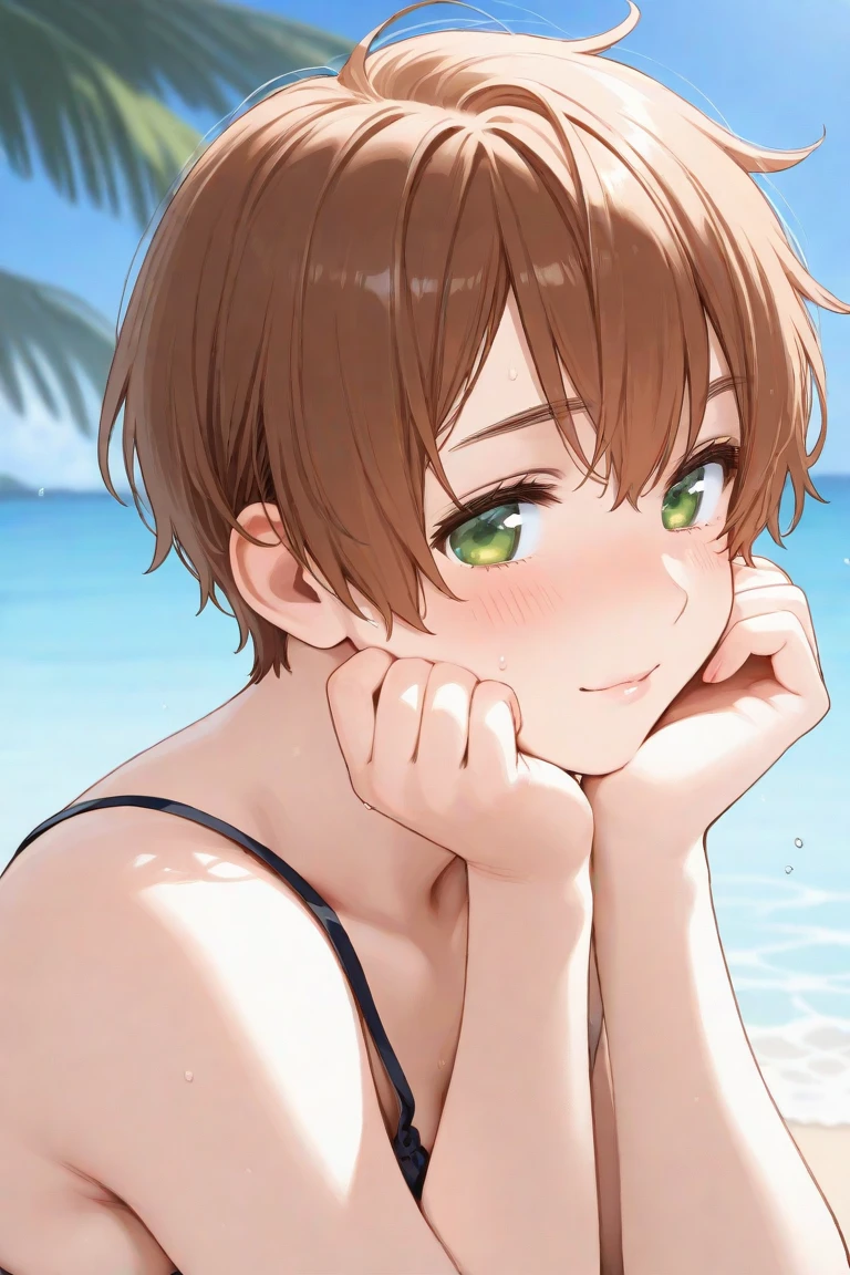 Kingdom hearts、((sky))、One young boy、cute、Blue Eyes、Spiky hair、Swimwear、Brown Hair、Gazing at the sea、Active、Tropical、beach、Groin bulge、Pinned nipples、(sitting and eating a square of blue ice cream)high resolution
