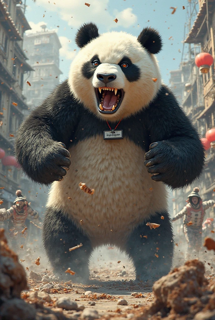 A rotund panda, sporting a tattered Deadpool suit, stands defiantly in a war-torn cityscape.  The panda's eyes are narrowed, and its mouth is curled into a snarl, its claws extended.  Behind it, buildings crumble and smoke billows, painting a grim backdrop to the impending battle. 

