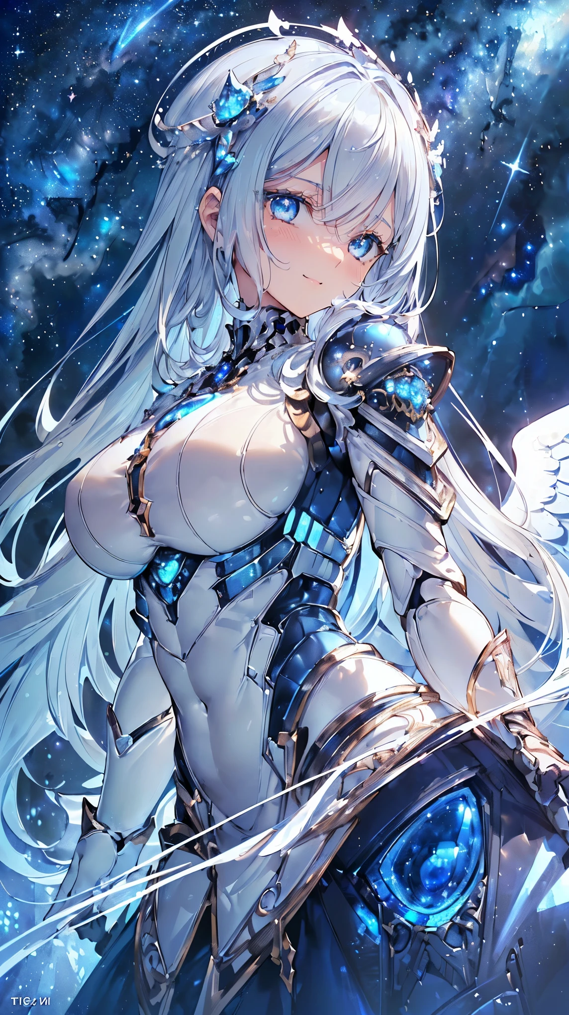 ((Masterpiece)), ((highest quality)), (Ultra High Resolution), super fine illustration, highly detailed face, raw photo, professional, ultra-fine painting, detailed metal texture, detailed cloth texture, sexy, real, (Solo), ((Mecha Angel Dressed woman)), Beautiful breasts, Concept art, (Battle pose), Detailed fantasy art, (Silver hair), ((Has large sapphire blue mech wings)), (detailed beautiful eyes:1.6), (Robot:1.2)Sleek and menacing Design, (action pose), (Pearl white and sapphire blue Hi-νGundam armor dress for Marshal), starry sky, perfect anatomy
