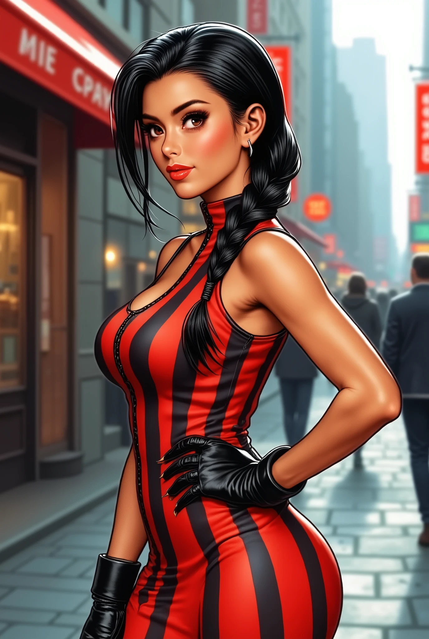 on street, perfect face, side braided, black hair, black eyebrows, thin eyebrows, big eyes, brown eyes, full lipstick, beautiful woman, striped tunic round dress, small breasts, hand on hip, (thick thighs:1.3)