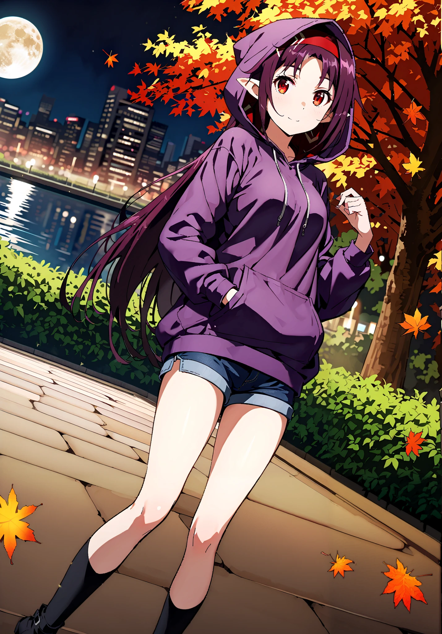 yuukiKonno, Konno Yuuki, pointed ears, purple hair, red eyes,long hair,Purple oversized hoodie ,Denim Micro Shorts,Bare legs,boots, hood up ,autumn,autumn leaves,night, full moon,is standing,put one's hands in one's hoodie pockets,綺麗なnight景,Beautiful cityscape,full bodyがイラストに入るように,break outdoors, garden,
break looking at viewer,full body,
break (masterpiece:1.2),best quality , kampala,Unity 8k Wallpaper,(shape:0.8),( fine, beautiful eyes :1.6),It's a person ,full body写真,CG Details , (perfect hands,complete anatomy),