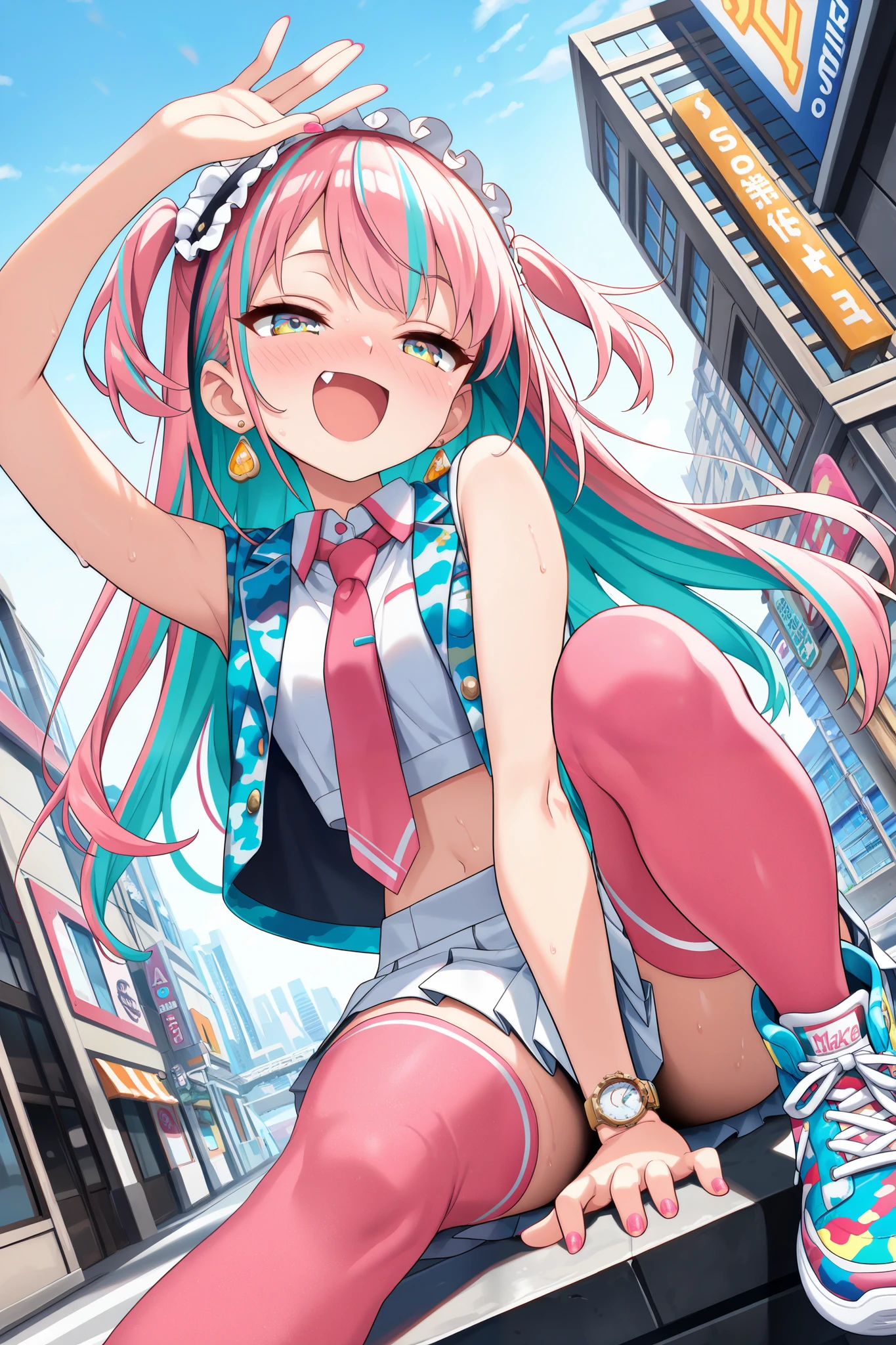 (masterpiece, best quality, official art:1.2), (colorful), perfect anatomy, one girl, alone, In the city, outdoor, super precise illustration, High Details , dynamic angle, beautifully detailed , 8k, (high resolution), anime style, pastel, streaked hair, aqua hair, pink hair, two side up, long hair, multicolored eyes, aqua eyes, yellow eyes, earrings, pink nail, make up, white pleated mini skirt, crop top, jacket, open jacket, collared shirts, midriff, necktie, sleeve less, bare arms, wrist watch, pink thighhighs, camo sneakers, One arm up,sitting, smile, open mouth, nose blush, half closed eyes, sweating, fang,