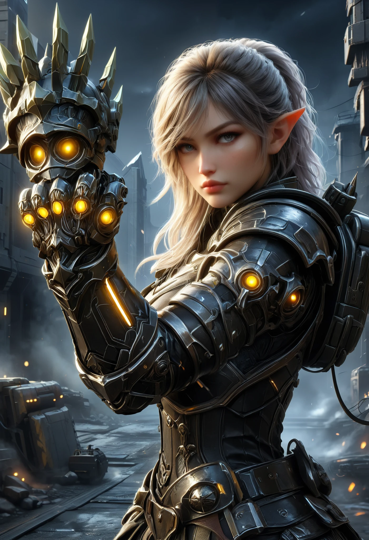 ((best quality)), ((masterpiece)), accurate, high details, Weaponized gloves, mechanical armor, heavy cavalry, science fiction movies, urban warfare, female soldier, major, Hide behind rubble, aim at enemy soldiers. Remove helmet, Shake her sweaty hair