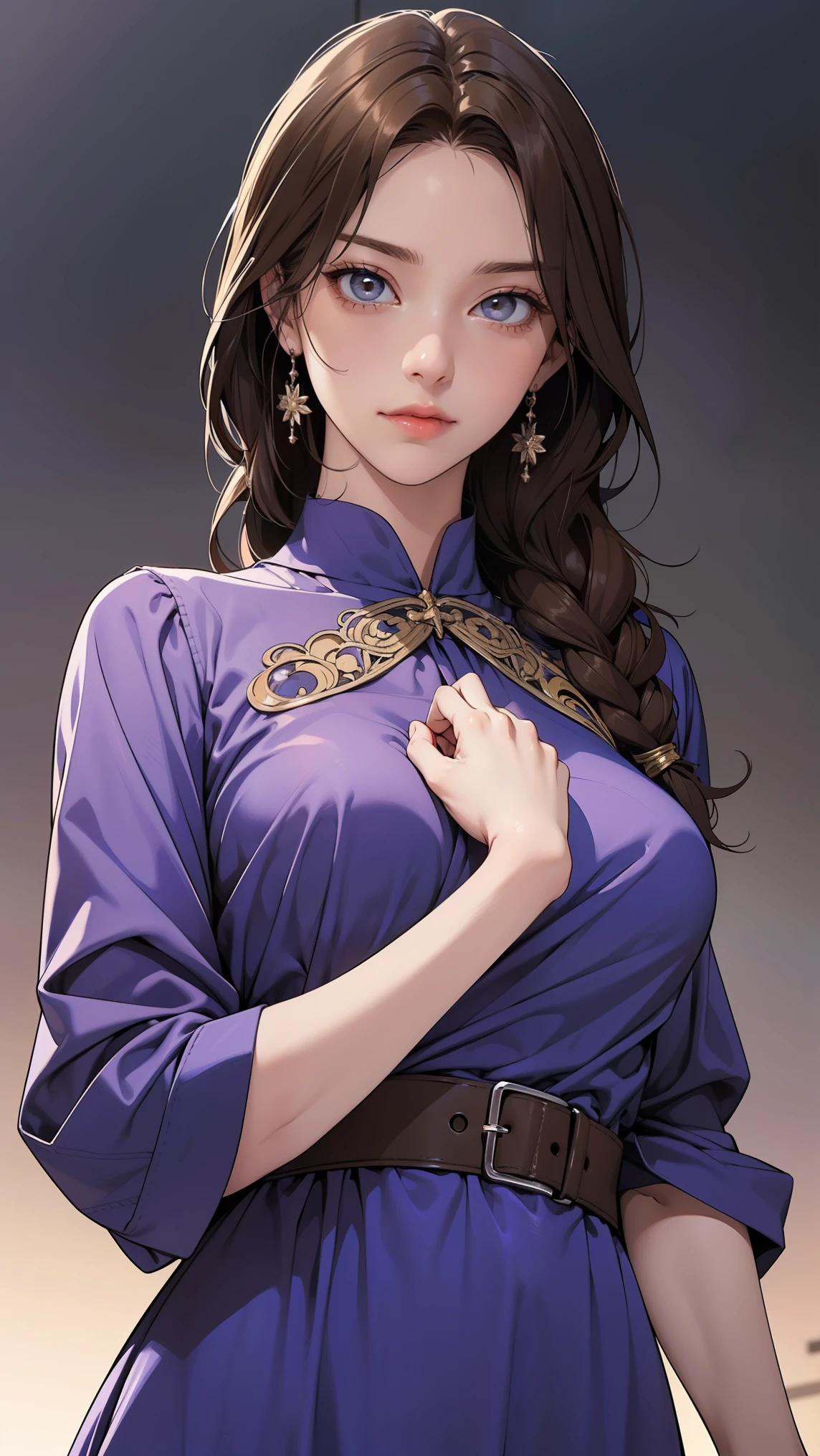 muginoshizuri, mugino shizuri, (brown eyes:1.7), brown hair, long hair, (kakiage bang:1.5), (medium breasts:1.2), anger,非常に吊り上がった目
black thigh high socks, dress, thigh high socks, absolute region with to, (purple dress:1.5), long dress, long sleeve, Chest,
looking at viewer, upper body, full body,
outdoors, city,
(masterpiece:1.2), best quality, high resolution, Unity 8k Wallpaper, (illustration:0.8), (Beautiful Detailed Eyes:1.6), petite girl with very detailed face, perfect lighting, very detailed CG, (perfect hands, perfect anatomy from a shellfish),