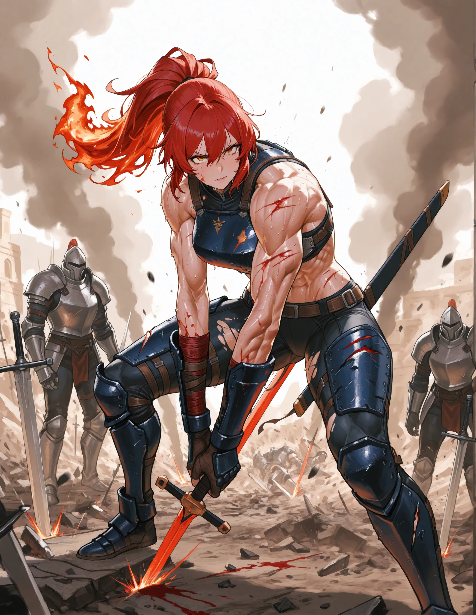 ((Simon Bisley)), Beautiful full-bodied woman, 30 years old, muscular and perfect body, ((back)), red-haired Spartan warrior with little clothing, tiny white thong, metal bra with spikes, tribal tattoo, arm covered by a metallic gladiator armor, large breasts, generous neckline, holding a bloodstained sword, brave face, dark kingdom, sexy pose, Walking in a Roman arena