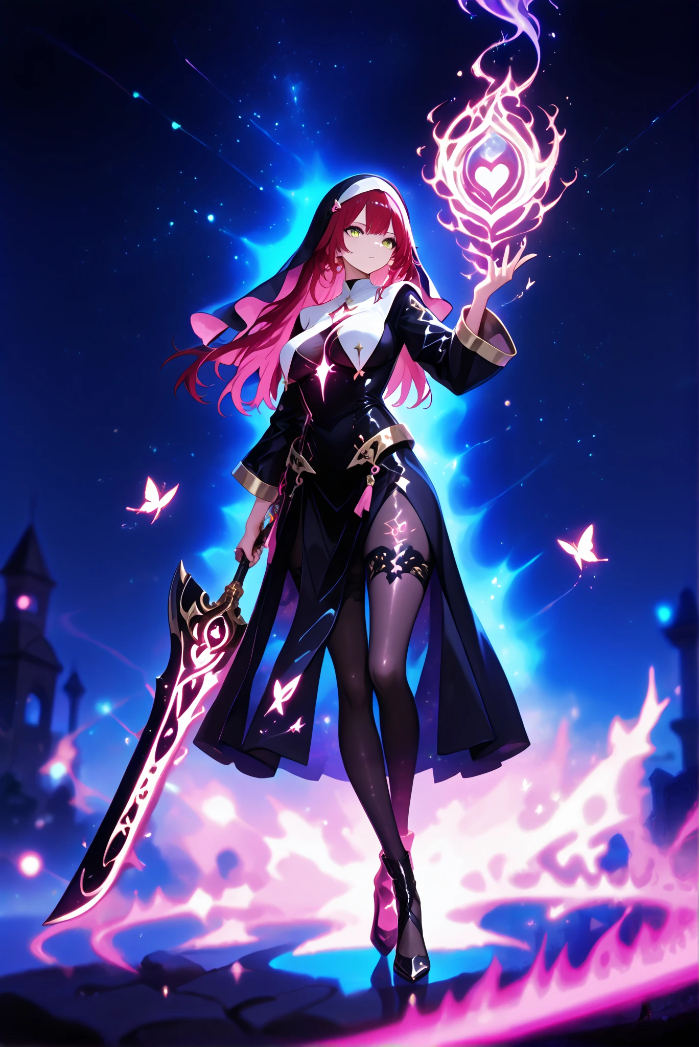 1 woman, Dragon Slayer, Giant Weapon, sword , holding sword , holding a weapon, Hole High Heels Limited color palette , Colorful, vivid color ,Flashing silhouette ,Neon ,Black light , masterpiece, is very beautiful ,red hair, long hair, hair ornaments,golden eyes, casts a huge blue glowing round spell, her hand to cast a pink magic spell where there is a glowing heart symbol on it. , Twisted vine spell that cast a green glow from your hands, cast a huge blue glowing round spell, nun,pantyhose,luminous mantra breast curtains,using yellow magic,using green pink, purple, red, blue, and the sky is full of cluttered glowing,green pink purple red blue glowing magic splashes,splash of color,glowing splash,high contrast,night sky,Matthyser's work,ultra high resolution,depth of field,butterfly,extreme beauty,purple theme,blurred color,multicolored bright light,colorful glow