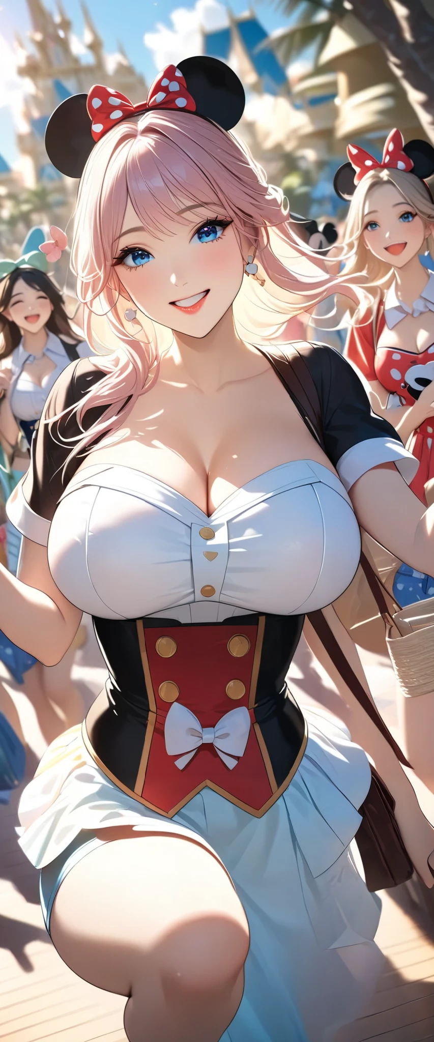 (Top Quality, masterpiece, award winning work, 16k), 、((a spring break, A group of cute girls, a trip to Disney resort with friends, walking through Disney resort: 1.2))、(big smiles:1.2), (raised and crisp bust:1.2), (lifts the chest:1.2), (Perky breasts :1.2), , ( double breasted,Underbust:1.2), button gap with, Minnie mouse costume, selfie with friends, walks under trees、spring sun shine, Clothes from strong winds blow up、 petals are blown away by strong winds