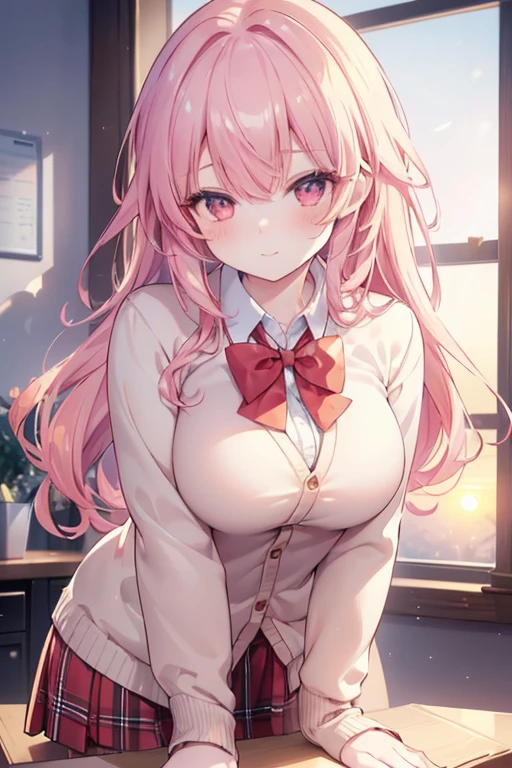 girl, cute anime girl, smile, pink hair, long hair, messy hair, pink eyes, blushing, girl, big tits, beautiful hair style, (((Best Quality: 1.4)))