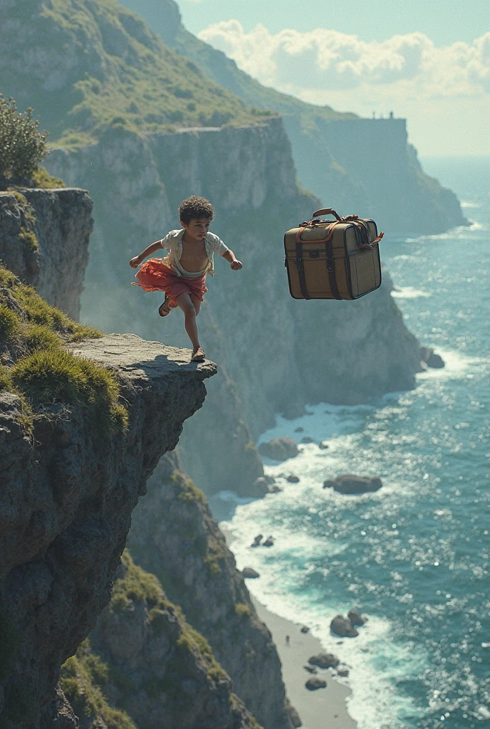 boy who is running on cliff and a travel bag which follows him