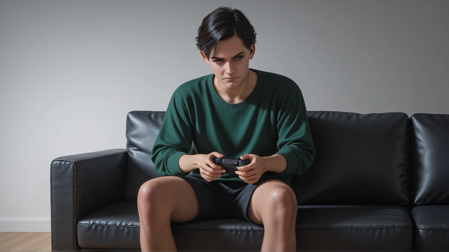 Create a boy with very short black hair, topless androgynous face and body with large woman's breasts wearing jeans and white sneakers sitting in a black armchair playing video games