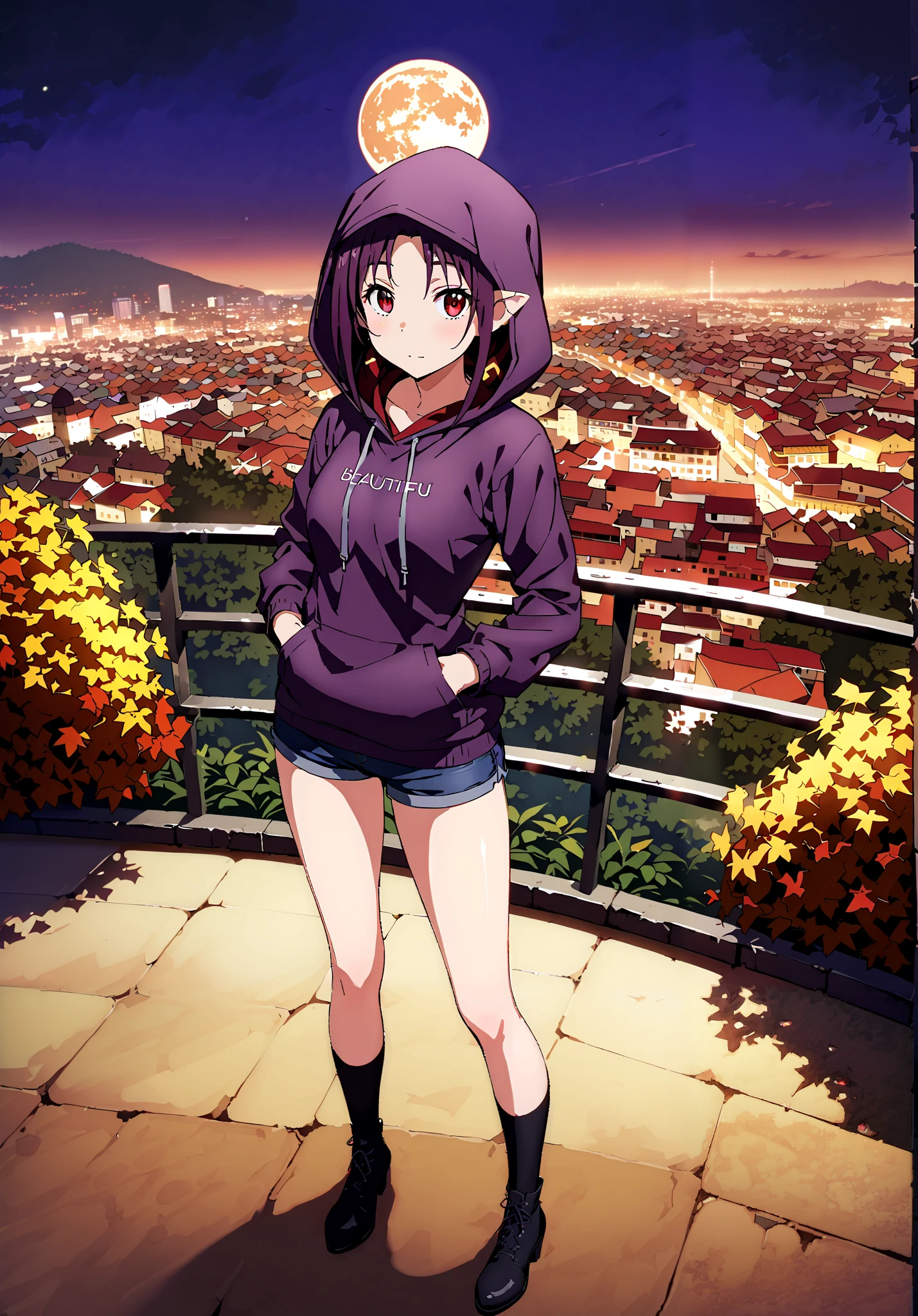 yuukiKonno, Konno Yuuki, pointed ears, purple hair, red eyes,long hair,Purple oversized hoodie ,Denim Micro Shorts,Bare legs,boots, hood up ,autumn,autumn leaves,night, full moon,is standing,put one's hands in one's hoodie pockets,綺麗なnight景,Beautiful cityscape,full bodyがイラストに入るように,break outdoors, garden,
break looking at viewer,full body,
break (masterpiece:1.2),best quality , kampala,Unity 8k Wallpaper,(shape:0.8),( fine, beautiful eyes :1.6),It's a person ,full body写真,CG Details , (perfect hands,complete anatomy),