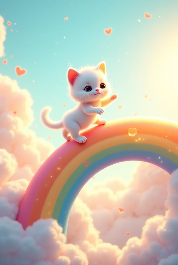 Rainbow Skydance – A fluffy white kitten twirling on a vibrant rainbow, surrounded by puffy clouds and a golden sunbeam shining down.