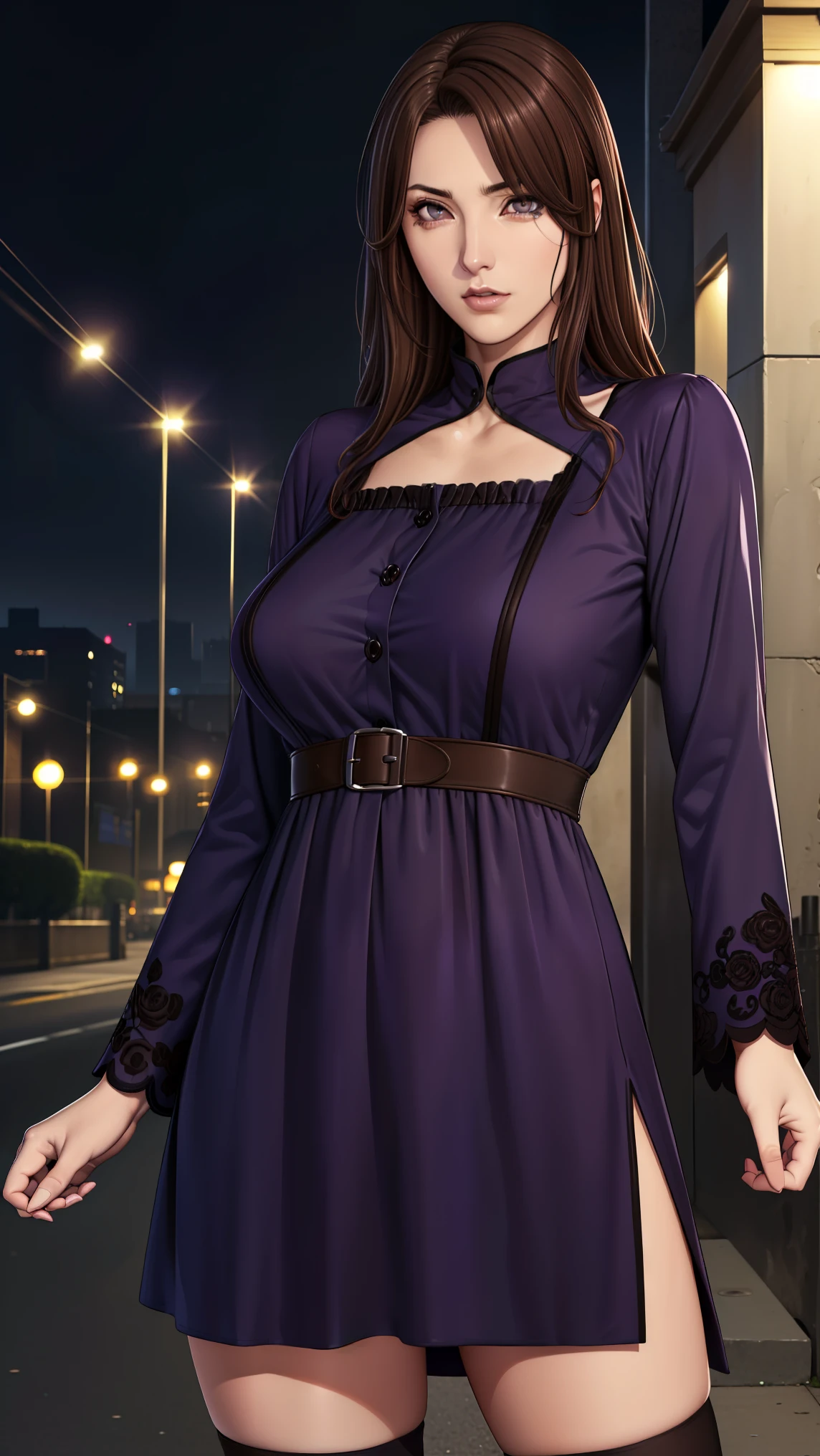 muginoshizuri, mugino shizuri, (brown eyes:1.7), brown hair, long hair, (kakiage bang:1.5), (medium breasts:1.2), anger,非常に吊り上がった目
black thigh high socks, dress, thigh high socks, absolute region with to, (purple dress:1.5), long dress, long sleeve, Chest,
looking at viewer, upper body, full body,
outdoors, city,
(masterpiece:1.2), best quality, high resolution, Unity 8k Wallpaper, (illustration:0.8), (Beautiful Detailed Eyes:1.6), petite girl with very detailed face, perfect lighting, very detailed CG, (perfect hands, perfect anatomy from a shellfish),