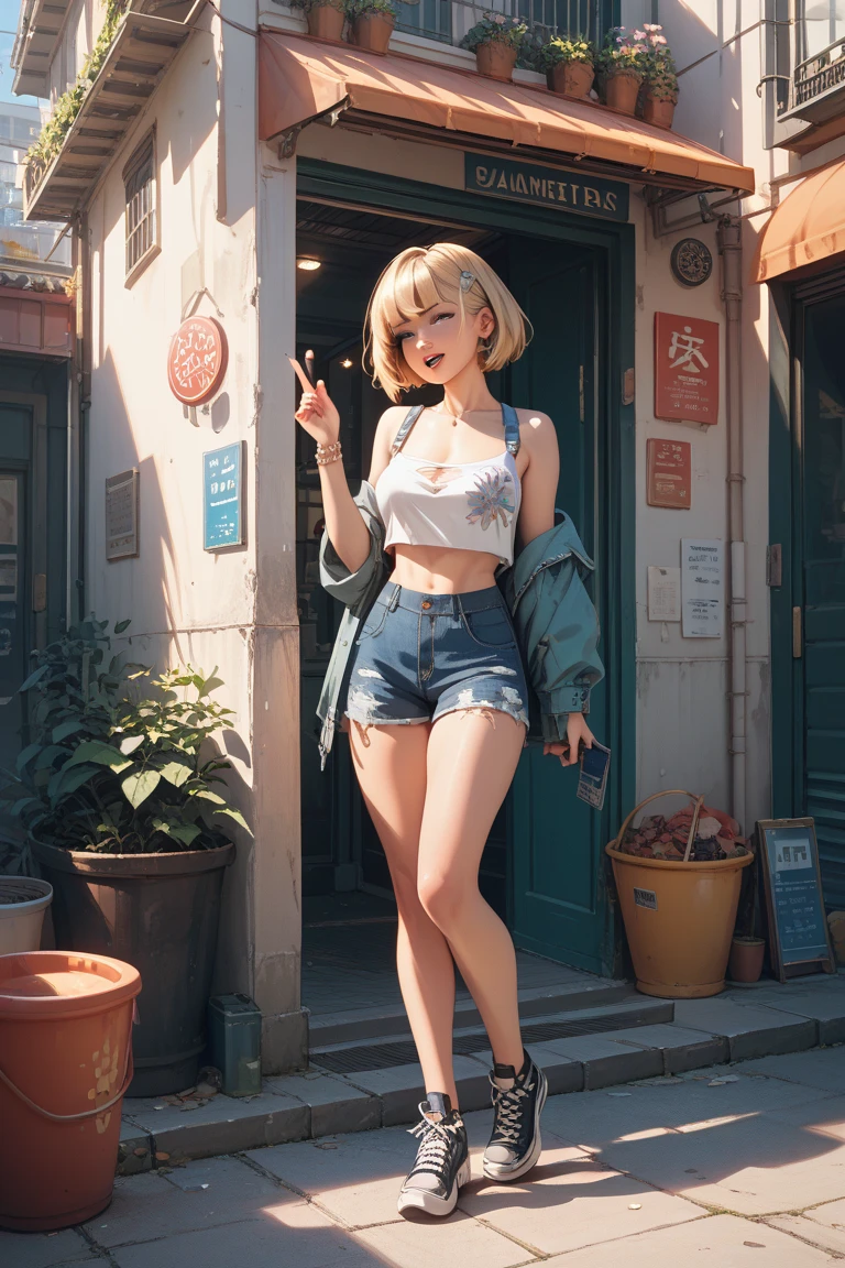 ((Best Quality, 8K, Masterpiece: 1.3)), (Flower Cap: 1.3), Focus: 1.2, Perfect Body Beauty: 1.4, Buttocks: 1.2, (Layered Haircut: 1.2)), (Dark Street: 1.3), Highly Detailed Face and Skin Texture, Full Body, Fine Eyes, Double Eyelids, Whitened Skin, Short Hair, (Round Face: 1.5), (Loose Crop Top, Shorts: 1.6)