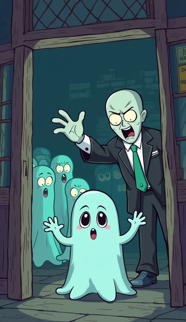 "A cartoon ghost school in a haunted mansion. A strict ghost teacher and principal are angrily pointing towards the exit while a small ghost (Chiku) happily waves goodbye, excited to leave. Other ghosts in the background are laughing and cheering. The scene is humorous with a mix of spooky and funny elements."