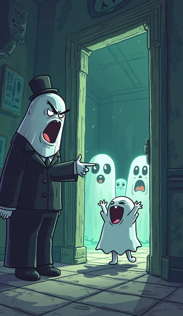 "A cartoon ghost school in a haunted mansion. A strict ghost teacher and principal are angrily pointing towards the exit while a small ghost (Chiku) happily waves goodbye, excited to leave. Other ghosts in the background are laughing and cheering. The scene is humorous with a mix of spooky and funny elements."