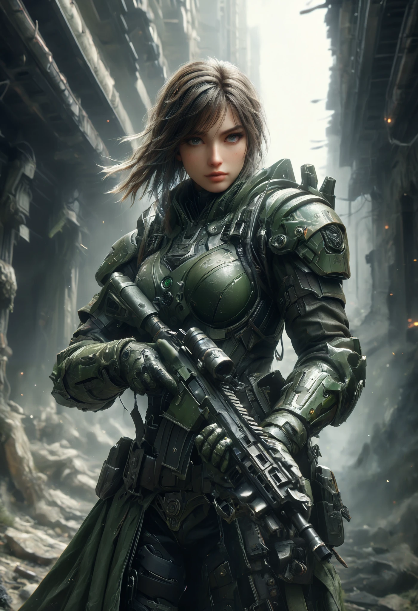 ((best quality)), ((masterpiece)), accurate, high details, Weaponized gloves, mechanical armor, heavy cavalry, science fiction movies, urban warfare, female soldier, major, Hide behind rubble, aim at enemy soldiers. Remove helmet, Shake her sweaty hair
