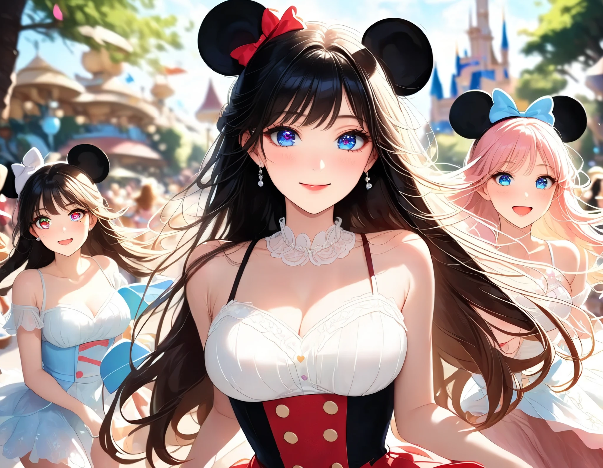 (Top Quality, masterpiece, award winning work, 16k), 、((a spring break, A group of cute girls, a trip to Disney resort with friends, walking through Disney resort: 1.2))、( delicate facial expression、Delicate hair expression、Delicate Eye Expression:1.5), (big smiles:1.2), (raised and crisp bust:1.2), (lifts the chest:1.2), (Perky breasts :1.2), , ( double breasted,Underbust:1.2), button gap with, Minnie mouse costume, selfie with friends, walks under trees、spring sun shine, Clothes from strong winds blow up、 petals are blown away by strong winds