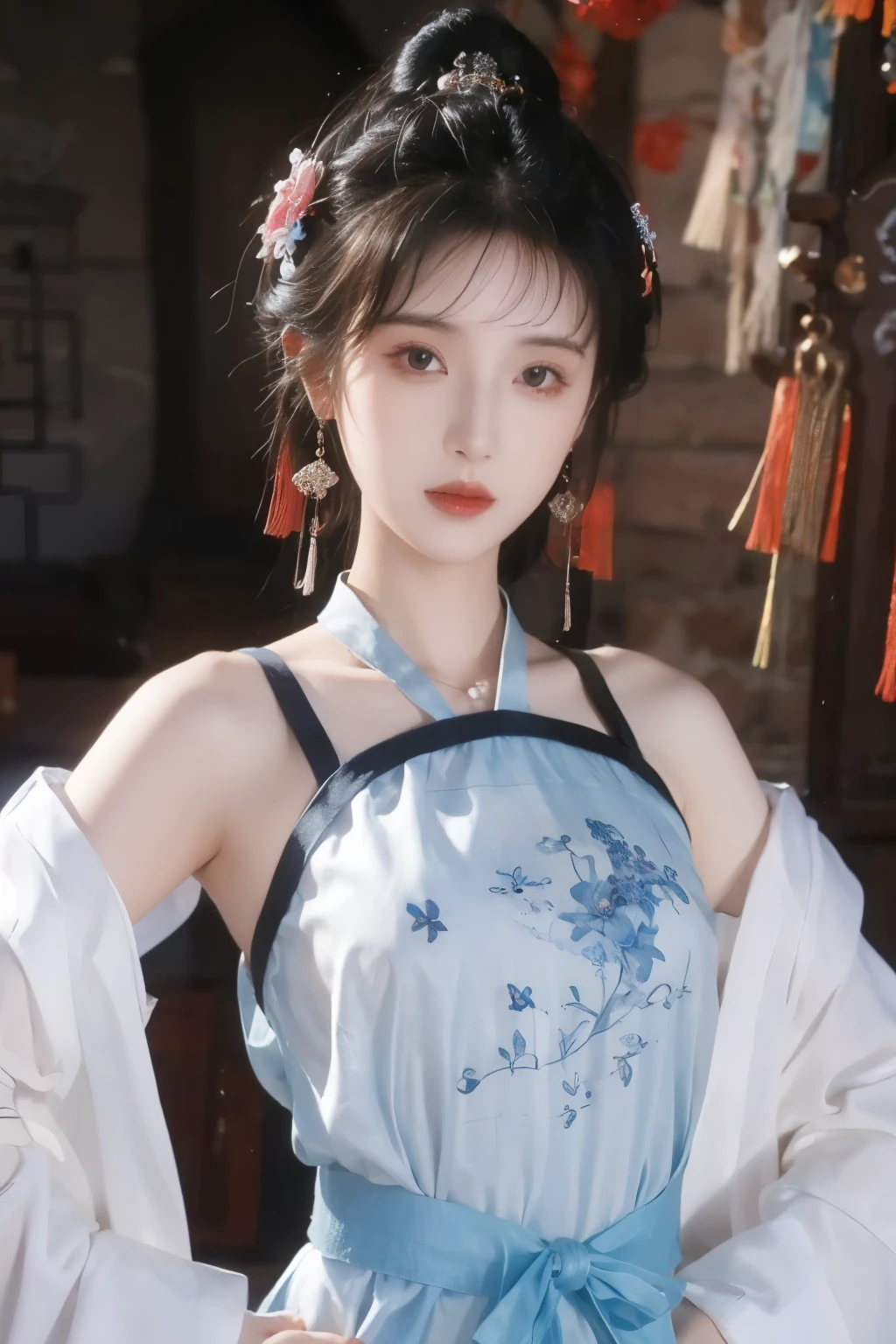 A woman in a blue and white dress with flowers in her hair, hanfu, palace, girl in hanfu, blue hanfu, white hanfu, wearing ancient Chinese costume, ((beautiful fantasy queen)), ancient Chinese princess, Chinese style, traditional Chinese clothing, ancient Chinese clothing, beautiful fantasy queen, Chinese princess, traditional beauty,