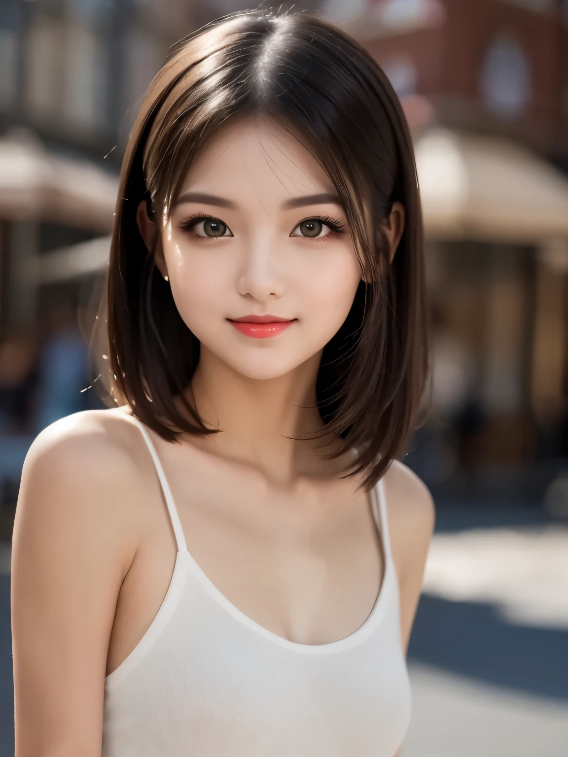 (masterpiece), highly realistic, beautiful atmosphere, intricate textures, super-resolution, hyper-realistic, high contrast, Portrait of a cute girl, looking at viewer, Focus on the Face, (Glowing Eyes), Glossy lips, rouge lip, make-up, blush cheek, smile, baby face, short hair, Brown eyes, beautiful girl, (perfect anatomy), 8k Resolution, wonder full, elegant, hyperrealism, approaching perfection, dynamic, highly detailed, ultra high definition, high quality boost, contrast boost