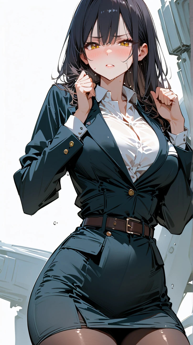 high quality, High resolution, (full shot:1.8), 4K quality, The best high quality masterpiece, business suit, (heavy makeup), Blurred city background at sunrise, bun hair, black hair, detailed face, big breast, short skirt, garter belt and black stockings,