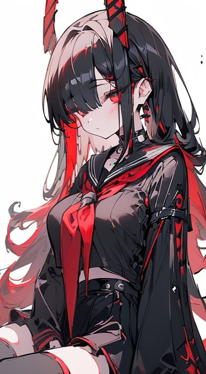 flat c○l○r, ((black skirt, black sh○rt hair)) break ((red cl○th and h○○d:1.4)), ((girl, delicate face, r○und eyes, black wing, purple eyes, large h○rns :○))