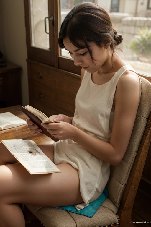 Stunning girl sitting in an old armchair, reading the Financial Times, ultra realistic.