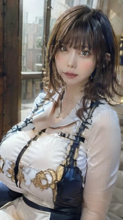(masterpiece, realistic, photo-realistic:1.2), finely detail, ultra high res, perfect anatomy, best quality, 8K, soft focus, cowboy shot, (happy smile:1.3), (1girl, 15yo Japanese girl:1.2), (gothic lolita, puffy short sleeves, corset vest, frills, gothic maid:1.2), (sexy pose, standing, cleavage, leaning forward:1.2), (pink hair, fluffy bob cut, blunt bangs:1.2), beautiful detailed face and big eyes, (white and smooth skin:1.2), (round face, pointed huge breasts, busty breasts:1.4), studio lighting, film grain, (detailed background, outdoor, downtown, road, superb view in Akihabara:1.2),