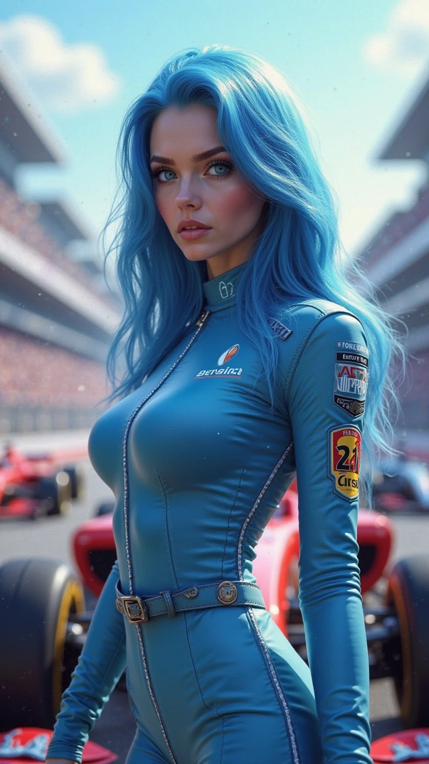 ((cuerpo completo):2) (({only one Women nude}:1.2):{((Dressed in red Formula 1 racer suit)1.2), ((Cabello largo y azul hasta los hombros, Brillantes ojos verdes) 1.3), ((Making an erotic pose in a Formula 1 car, Mirando al espectador, sonriente):1.3), ((senos extremadamente grandes):1.2)}, \n (({Hipodromia of Formula 1 racing, es de noche, lloviendo intensamente, Several people are in the stands}):1.3), anime, Anime style, 16k, ((La mejor calidad, Detalles altos):1.4), Obra maestra, UHD