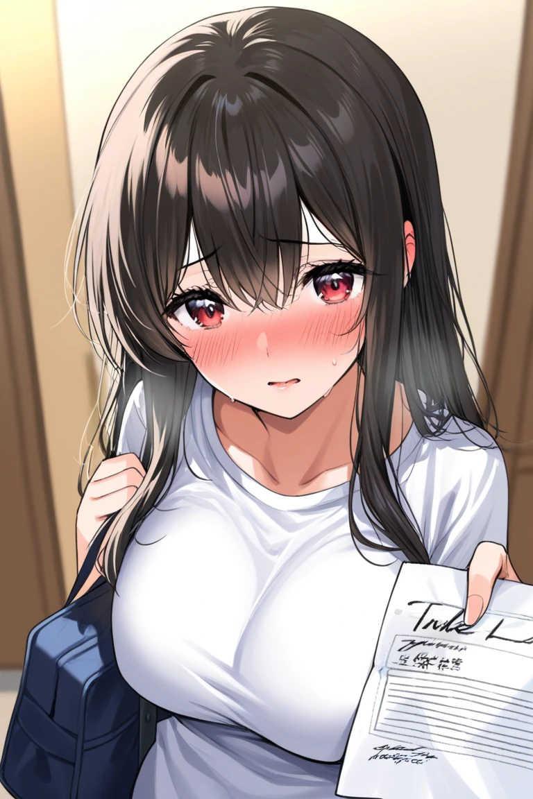 Masterpiece, high quality, one girl, under a duvet, face red and painful, compress on forehead, ponytail with long black hair, muffled in a speech bubble.