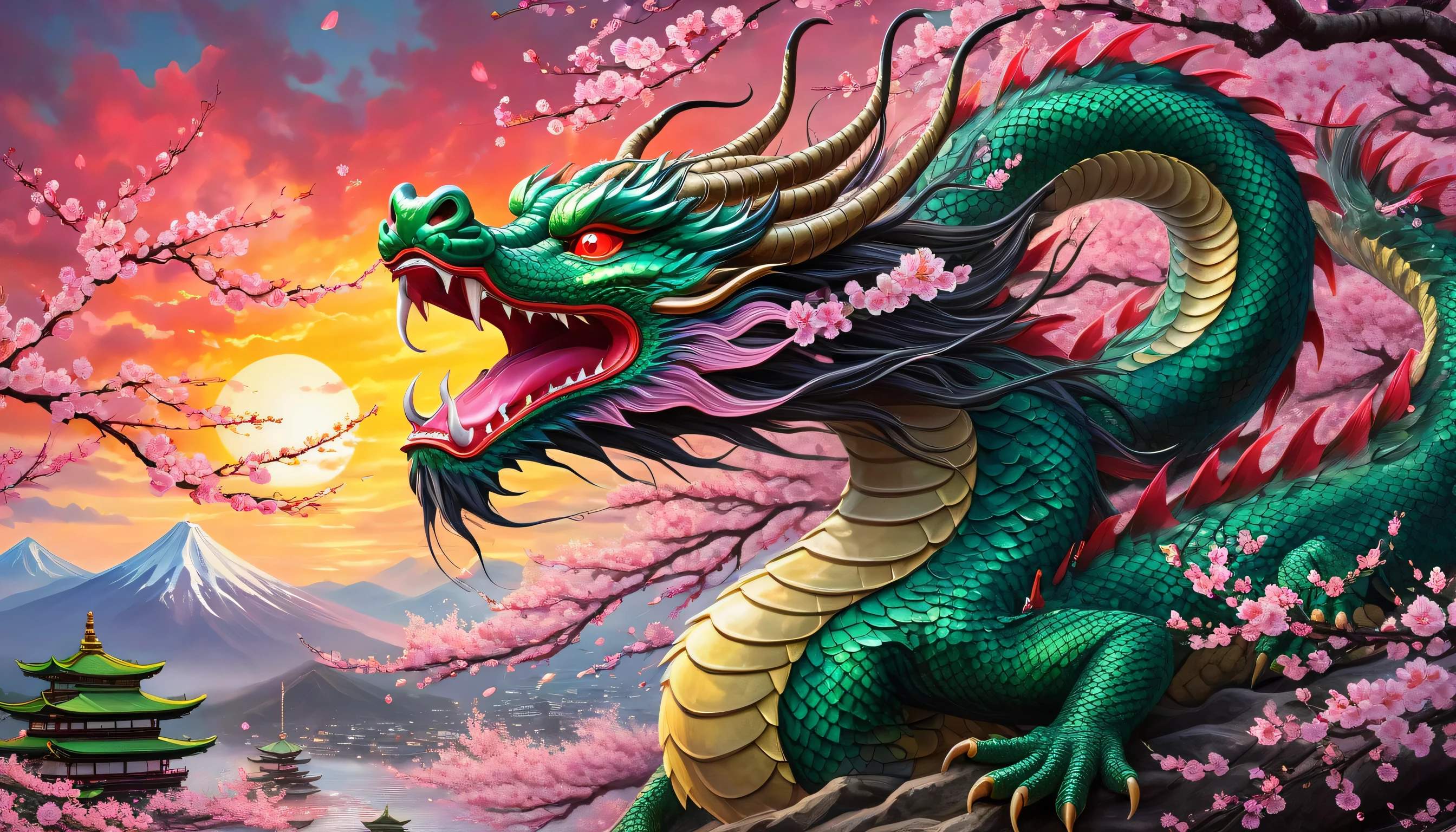 "A divine Japanese dragon with flowing whiskers and glowing red eyes, dancing through an intense cherry blossom storm. The vibrant pink petals fill the air as the dragon's emerald-green scales gleam against a dramatic sunset sky."