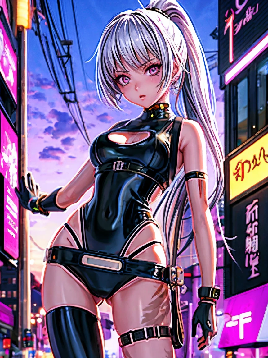{{masterpiece}}, best quality, extremely detailed CG unity 8k wallpaper, cinematic lighting, lens flare, beautiful detail eyes, black,  side glance,  multicolor short white hair, colorful light, particles, heterochromia, (colorful:1.5), (colorful hair:1.5), futuristic bikini but no wearing bra, beach view, nipple slip, little breast,
