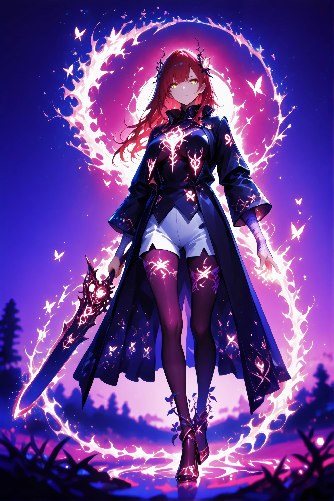 1 woman, Dragon Slayer, Giant Weapon, sword , holding sword , holding a weapon, Hole High Heels Limited color palette , Colorful, vivid color ,Flashing silhouette ,Neon ,Black light , masterpiece, is very beautiful ,red hair, long hair, hair ornaments,golden eyes, casts a huge blue glowing round spell, her hand to cast a pink magic spell where there is a glowing heart symbol on it. , Twisted vine spell that cast a green glow from your hands, cast a huge blue glowing round spell, white corsett, black wide jacket, white shorts, pantyhose,luminous mantra breast curtains,using yellow magic,using green pink, purple, red, blue, and the sky is full of cluttered glowing,green pink purple red blue glowing magic splashes,splash of color,glowing splash,high contrast,night sky,Matthyser's work,ultra high resolution,depth of field,butterfly,extreme beauty,purple theme,blurred color,multicolored bright light,colorful glow
