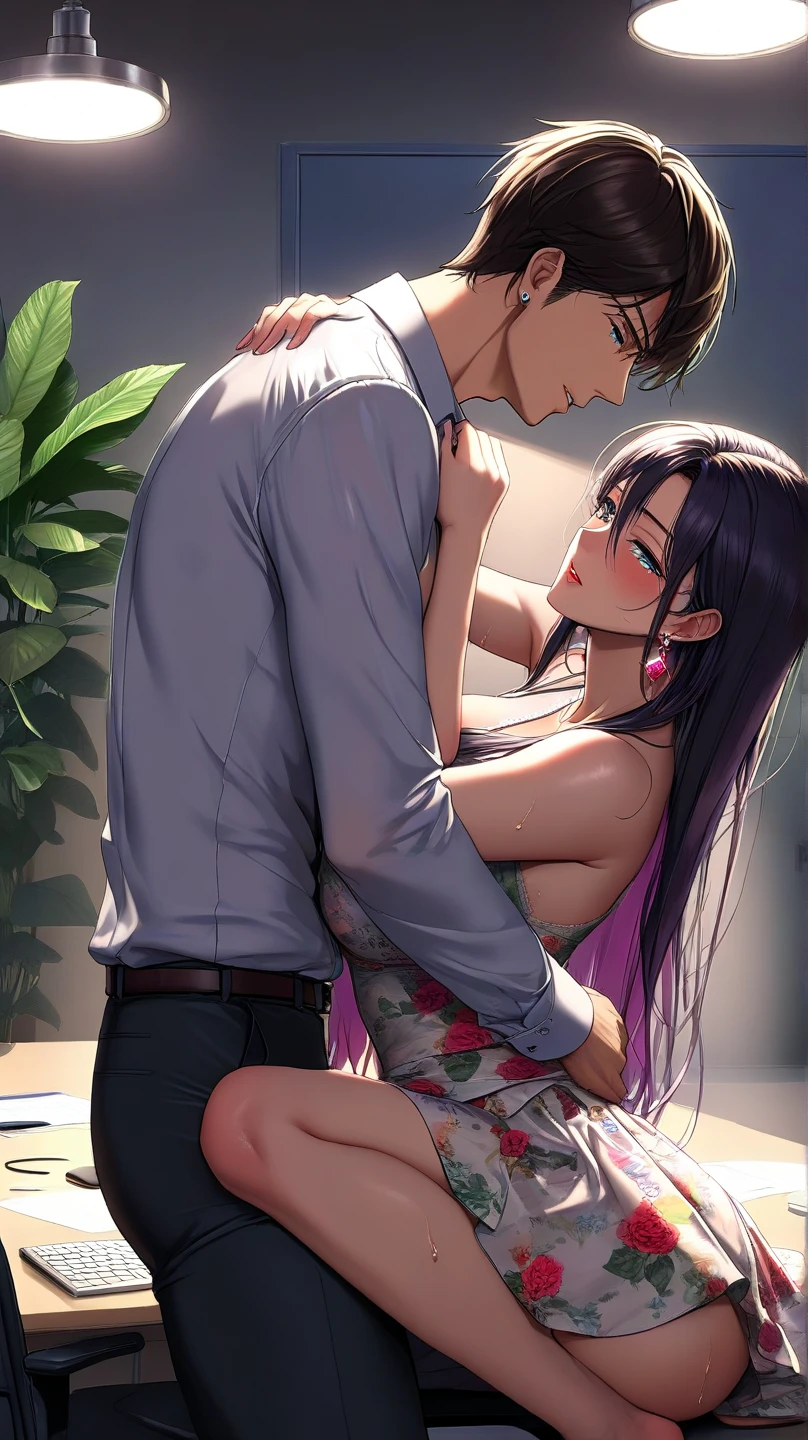 (((nsfw:1.3))), super high resolution, masterpiece, (((High quality adult videos for women:1.3))), (((16k:1.3))), (((Narrow meeting room at midnight:1.3))), (((2 men and women alone:1.5))), (((Beautiful Women's Works for Women with High Resolution on Women's Ecology and Clothes Made from a Female Perspective))), (((Depictions that convey the softness and suppleness of women:1.3))), (((is a work filled with eroticism seen from women:1.5))), (((Cute unmarried 44-year-old female boss and tall handsome young subordinate dating flirting clothed sex:1.3))), (((Men and women who are passionately attracted to each other))), (((A sense of distance where lips don't touch each other:1.3))), (((A handsome young subordinate accurately faces his female boss and hugs and pistons in a cowgirl position, so he's so mellow and can't suppress his panting voice:1.3))), (((luxury jewel earrings))), (((The most beautiful and popular boss:1.3))), (((A gorgeous skirt style plain dress with a cute floral pattern that suits your boss:1.3))),, (((Realistic Alafif skin))), (((Wrinkled and blemished skin:1.3))), (((beautiful sweaty breasts:1.3))), (((Saggy clothes and the bulging are erotic))), (((Dim office lights that are only half lit))), details, best quality, (((detailsな服の皺や肌の陰影がリアル:1.3))), ((( Delicately Drawn Hair :1.3))), Super straight hair glossy々long hair, (((cute, moist eyes with tears accumulated in the inner corner of the eye:1.3))),