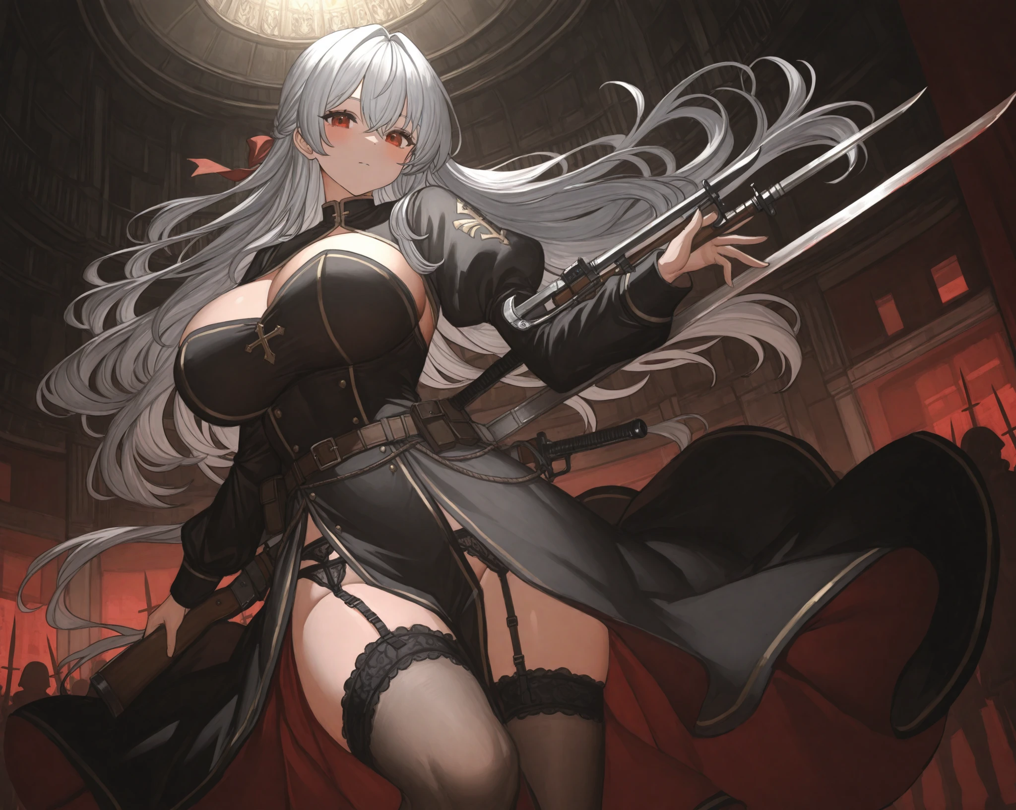 masterpiece, best quality, 1girl, grey hair, shoulder length hair, wavy hair, black hairband, auburn eyes, beautiful detailed eyes, beautiful detailed face, cute face, stoic, professional, ninja, black leotard, black tactical gloves, bare legs, gold bracelets, black thigh-high boots, using katana blade, scabbard, cityscape, night, noir atmosphere.