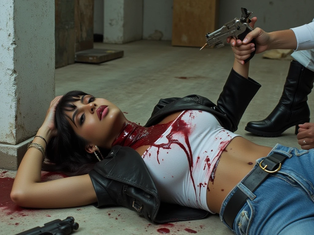 The women waring a denim short.and blacl boot shoes And his holding a big gun.his face and hand bleeding blood and his smoking and the background the dark room his sitting a chair
