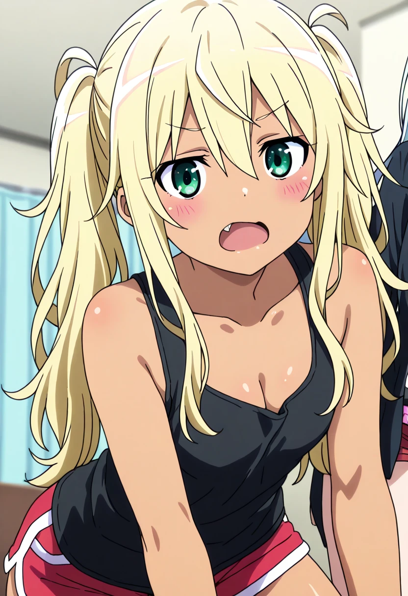 HIBIKI SAKURA, LONG HAIR, BLONDE HAIR, HAIR BETWEEN EYES, TWINTAILS, (GREEN EYES:1.3), FANG, DARK SKIN, DARK-SKINNED FEMALE, GYARU, 1girl, solo, upper body, facing viewer, (looking at viewer:1.5), in the center, smile, SHIRT, CLEAVAGE, BARE SHOULDERS, COLLARBONE, SHORTS, BLACK SHIRT, SHORT SHORTS, TANK TOP, RED SHORTS, BLACK TANK TOP,