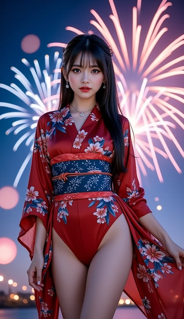 Big Laugh, Kimono, NSFW, ((Best Quality, 8k, Masterpiece: 1.3))), Clear Focus: 1.2, (Layer Cut, Large: 1.2), Beauty with Perfect Figure: 1.4, Slender Abs: 1.2, Wet Body: 1.5, Highly Detailed Face and Skin Texture, Detailed Eyes, Double Eyelids, Long Hair, Standing Posture, Salute, (Fireworks Display)