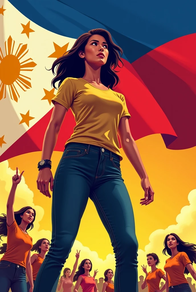 woman, scared, black hair, yellow shirt, denim pants, protesting, crowd, american flags, city, daytime, comic book style, flat shaded, prominent comic book outline linework
