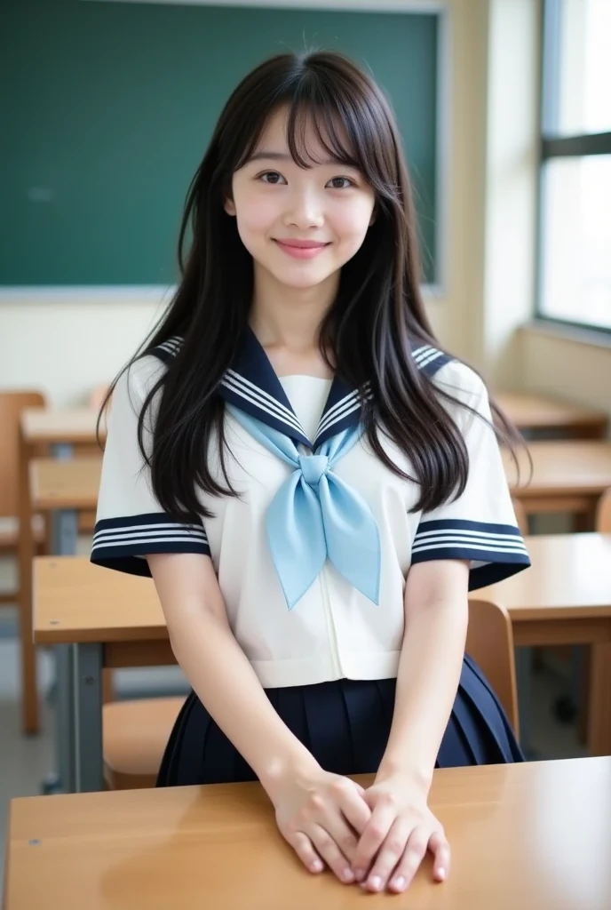 (masterpiece, Highest quality:1.2), 8K, Young and beautiful girl, 85mm,Official AR RAW Photos, Baby Face、Clothes are big、Show me your ears、photo shoot, Cute face, Thighs, Classroom after school, Looking at the audience, Embarrassing、smile、 makeup, Film Grain, chromatic aberration, Sharp focus, Face Light, Bright lighting, 10 generations, Detailed face, Background Blur、((((((18 year old high school girl))))))、Tight waist、Sailor suit、Not wearing a skirt、pubic hair、vagina/Pussy