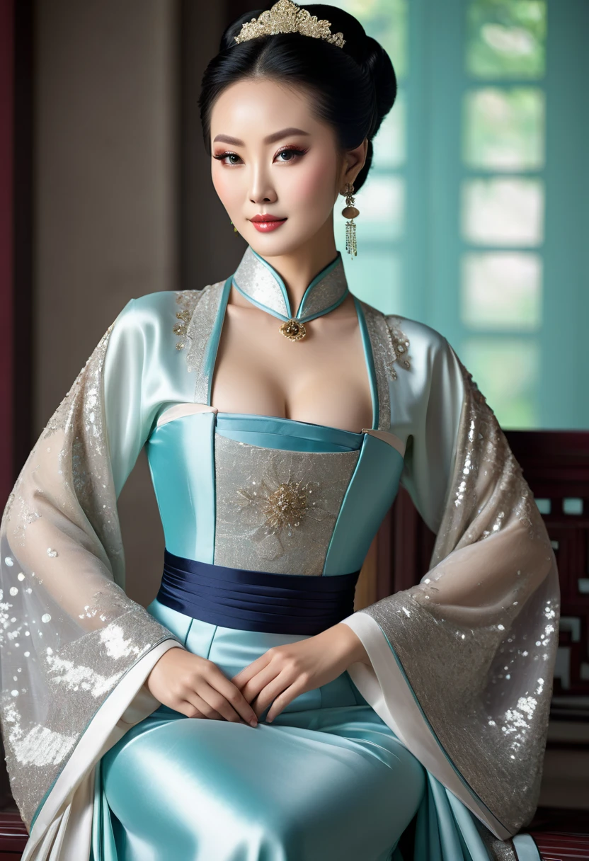 (earrings, breast), from side, male pov, 
(girl), (Bridal Accessories for hanfu Cheongsam Kwa Phoenix), (strapless), (shawl), (Cosplay photo), ((cleavage)), 
chill out, highres, french braid, heterochromia, 
((huge breast)), ((large breasts)), (mole), 
(looking at viewer), ,